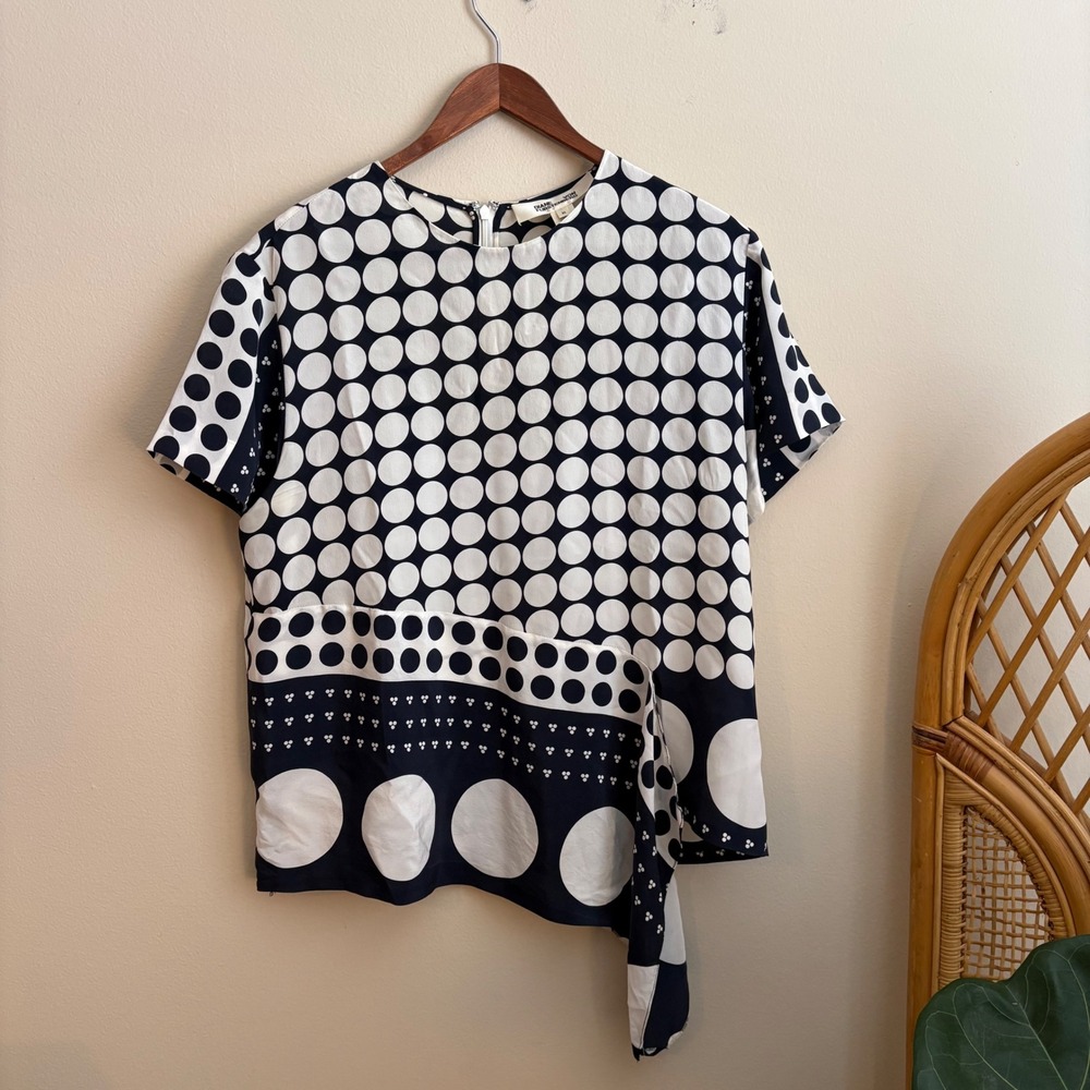 Vintage 1990's Diane Von Furstenberg Silk Asymetrical Polka Dot Retro Womens Top